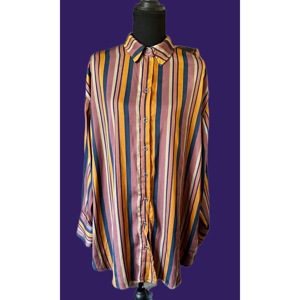 We The Free Free People Striped Oversized Button‎ Down Shirt Mustard Blue Medium